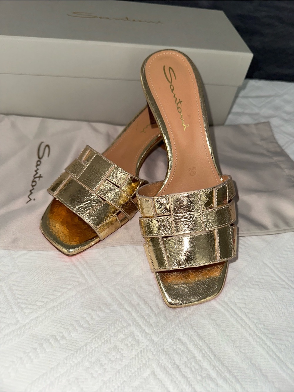 Santoni Metallic Gold Leather Slide Mules - Women's